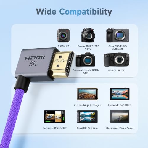 Uonecn Right Angle HDMI 2.1 Cable for Camera, 48Gbps 8K Braided Coiled HDMI for Atomos Ninja V, Portkeys BM5, Short HDMI Cable for Sony A7iv, Z-CAM F6, Z-Cam E2 Pro Cameras, Purple, Left to Right Left to Right Angle