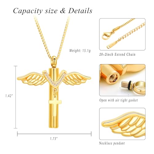XSMZB Wings Cylinder Cremation Jewelry for Ashes Pendant Cross Urn Necklace for Ashes for Men Women Keepsake Locket Jewelry Gold