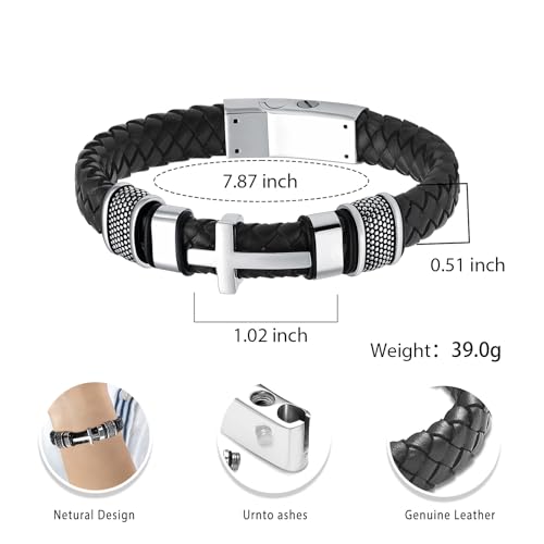 Urn Bracelet for Ashes With Leather Cremation Knot Cross Bracelet Stainless Steel Keepsake Cuff Bangle for Men Gifts With Funnel Kit & Bag Silver-20cm