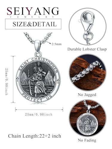 Seiyang 925 Sterling Silver St Michael/St Christopher/St Raphael/St Jude/St Benedict Crucifix Pendant/Nail Cross Necklace Religious Amulet Jewelry Gift for Men Women (with Gift Box) A04-Christopher(Round)
