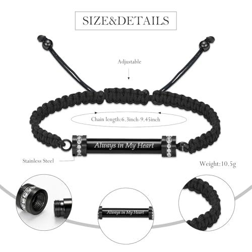 Urn Bracelet for Ashes Cremation Jewelry Braided Rope Adjustable Bangle Stainless Steel Memorial Bracelets Ash Holder Keepsake Jewelry-Always in My Heart E-Black