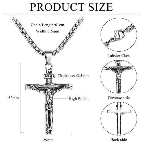JeweBella Cross Necklace for Men Women Stainless Steel Jesus Crucifix Cross Pendant Venetian Chain 61 CM Silver/Gold/Black Religious Jewellery Gift A:Silver