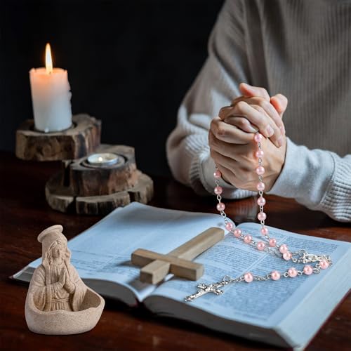 Booson Virgin Mary Statue Catholic Gifts for Women Our Lady of Grace Statue Keepsake Rosary Holder with Pink Rosary Beads 5.5" Blessed Mother Statues Resin Relic Religious Home Decor (Sandstone) Sandstone