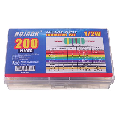 BOJACK 20 Values 200 Pieces Inductors 1 uH to 4.7 mH 0.5 W Colour Ring Inductors 1/2 Watt Assortment Kit