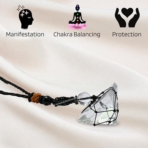 Pyramid Necklace Crystal Jewelry for Men Women : Stylish Natural Gemstone Men Jewelry, Unique Women Men's Necklace with Crystal Stone Holder Pyramid (Black Macrame) clear quartz