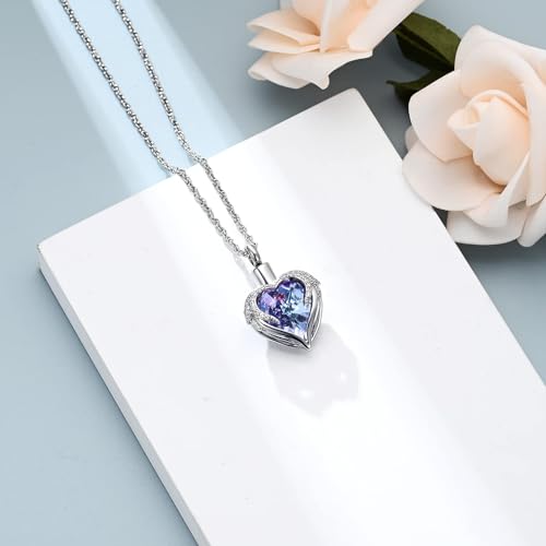 Cremation Jewelry Angel Wing Heart Urn Necklace for Ashes for Women Memorial Human Pet Ashes Pendant Silver-Purple