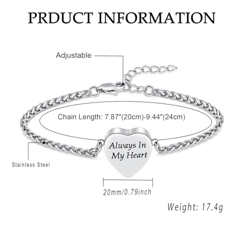 Heart Urn Bracelet for Ashes for Women Men Stainless Steel Cremation Jewelry Memorial Link Bangle Keepsake Gift for Human Pet Ash