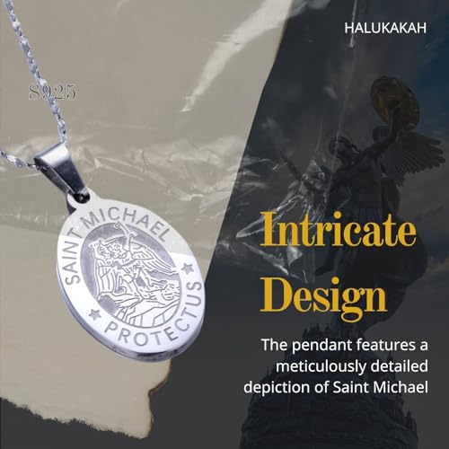 Halukakah 925 Sterling Silver Saint Michael Necklace Medal for Men - Religious Jewelry Pendant Medallion with 45cm Chain - For Protection,Religious Occasions,and Gifts,Includes Bible Card and Gift Box