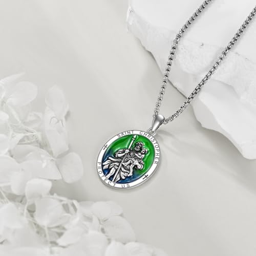 925 Sterling Silver Patron Saint Medal Necklace Catholic Protection Pendant Amulet Religious Protector Jewelry for Men Women 10a-St Christopher