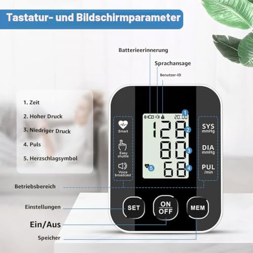 Upper Arm Blood Pressure Monitor with Large LCD Display, Blood Pressure Monitor, Automatic Blood Pressure Monitor with Voice Output, Large Cuff 22-36 cm, 2 x 99 Memory