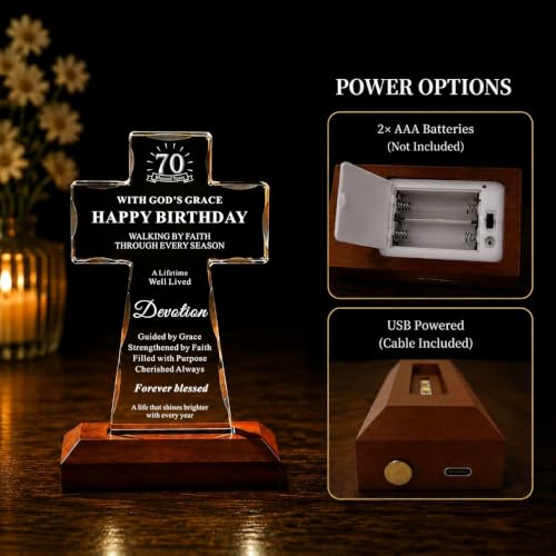 70th Birthday Gifts for Women Men, Lighted K9 Crystal Cross with Wooden Base, Christian Birthday Gift for Mom Dad Grandma Grandpa, Religious Faith Keepsake Decor, 70 Blessed Years 70th Birthday Gifts with Light Base