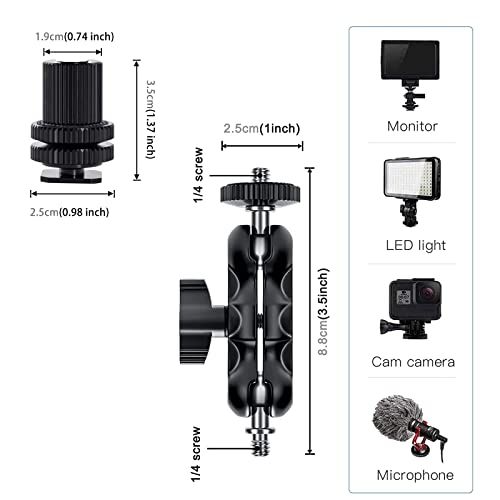 Magic Arm Cool Ballhead Double Ball Head Adapter with 1/4’’ Screw and Cold Shoe Mount - 2 Pack for Cameras, Camcorders, Monitor, Flash, LED Light, Microphone, and More