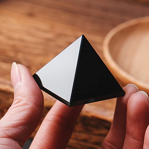 Runyangshi 2pc Clear Quartz + Obsidian Pyramid | 1.6x1.6in (4x4cm) Natural Crystal Energy Generator for Protection & Positive Energy | Healing Crystal Pyramid for Chakra Reiki Home Decor 1.57"(4cm)