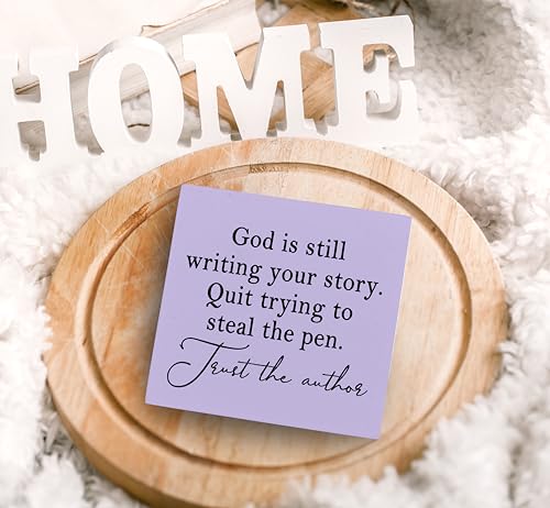 SRADMO God Is Still Writing Your Story Prayer Room Bible Verse Decor, Christian Purple Wooden Box for Home Office, Inspirational Sign Table Decorative Accessories 5″×5″