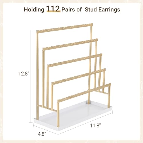 Mkono 5-tier gold jewelry display stand with tray for earrings and accessories, jewelry tower organizer with multiple tiers