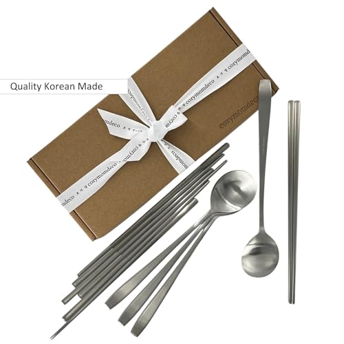 Korean Made Stainless Steel Silver Utensil Flatware Cutlery Korean Chopsticks and Spoons 4SET Gift for Mom, Stocking Stuffer