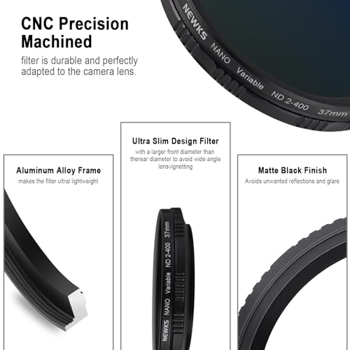 NEWKS 62mm MRC Variable ND Filter ND2-ND400, Neutral Density Adjustable ND Filter (0.3 to 2.7,1 to 9 Stops), No X Cross/Optical Glass/30 Layer Nano Coated/Ultra Slim/Water Repellent/Anti Scratch