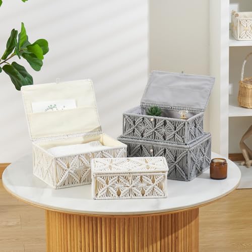 Decorative Boho Storage Baskets with Lid Natural Macrame Boxes Small Gray