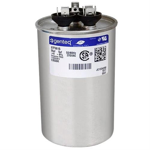 Genteq - 55 + 5 uF MFD x 370 VAC GE Industrial Replacement Dual Capacitor Round # C3555R / 97F9815