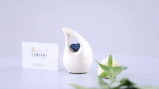 White Teardrop Small Urns for Human Ashes/Mini Urn with Dark Blue Heart/Cremation Keepsakes for Ashes/Ash Holders (White - Blue, Extra Small - EXS (3 Cu in)) Extra Small - EXS (3 Cubic Inch) White - Blue
