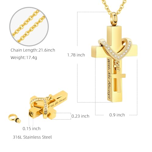 Cremation Jewelry for Ashes Pendant - Cross Urn Necklace with Mini Keepsake Urn Memorial Ashes Jewelry - With Me Always Gold-With Me Always