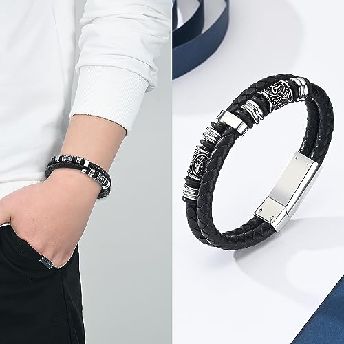 constantlife Viking Thor's Hammer Cremation Bracelet for Ashes for Men Braided Leather Wristband Cuff Bangle Memorial Urn Jewelry Funeral Keepsake Gift Celtic Beads-Silver 20cm