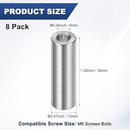 M METERXITY M6 304 stainless steel spacers, 6mm ID x 12mm OD x 35mm length, silver round screw standoffs