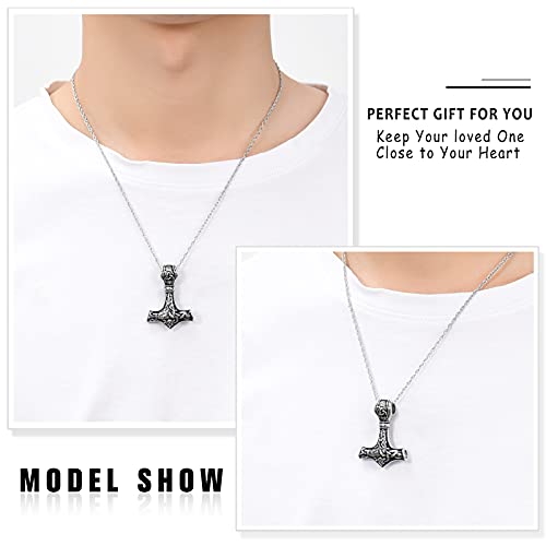 shajwo Mjolnir Thors Hammer Urn Necklace for Ashes for Men Celtic Nordic Viking Cremation Jewelry for Women Keepsake Memorial Ashes Pendant Thor Hammer-Silver