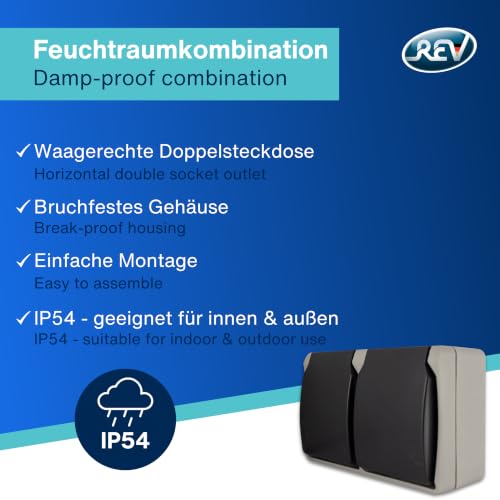 REV AquaBase Wet Room Socket 2-Way Grey | Splash-proof IP54, surface-mounted installation, two-pole up to 2.5 mm², 230 V, 16 A 1 x socket (2-way)