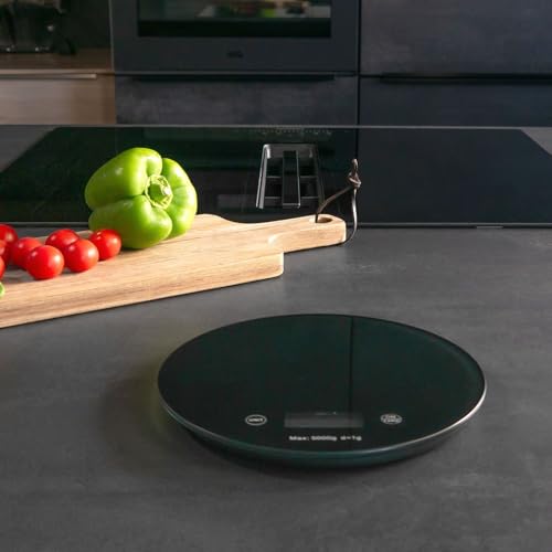 Intirilife Kitchen Scale, Digital Round Food Scale with LCD Display, in Black, made of Glass and ABS Plastic - Max. 5 Kg - 20 x 1.6 cm - Electronic Household Appliance, Batteries Included