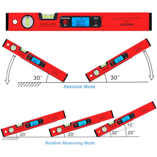 RISEPRO 16-inch digital spirit level and protractor with backlit display, bubble vials, and magnetic base
