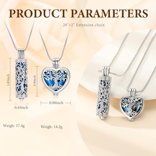 Tree of Life Cremation Jewelry for Men Women - 2 Pcs Cylinder & Heart Urn Necklaces for Ashes Stainless Steel Memorial Keepsake Pendant for Human Pet Ashes Blue