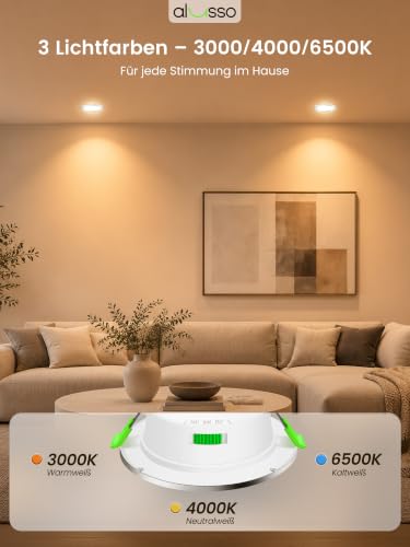 Alusso 12-24 V LED Recessed Ceiling Spotlight, IP44 Furniture Recessed Spotlight, Flat | 4 W, drill hole 55-68 mm and 29 mm flat, 3000 K warm white 4000 K neutral white, 6500 K cool white, nickel, set of 6 Nickel, Diameter 55-68 Mm