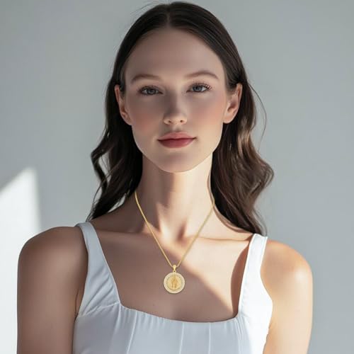 Virgin Mary Necklace Medal for Women, 925 Sterling Silver Saint Mary Mother 18K Gold Plated Catholic Medal Pendant Faith and Divine Amulet Religious Jewelry Gifts Gold Plated St Mary