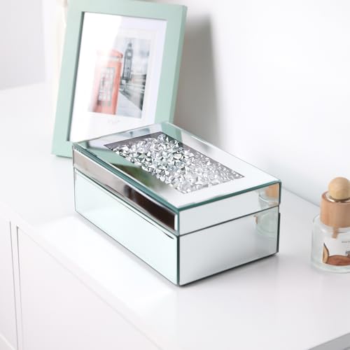 Luxury Mirrored Jewelry Box with Crushed Diamond - Glass Jewelry Box Organizer Storage for Women, Ring Holder Case for Dresser and Decorative Silver B
