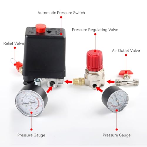 Air Compressor Pressure Valve Switch, 2-G1/4 Connector 0.05-1.2Mpa Air Compressor Pressure Switch Control Valve with G1/8 Gauge 3000L/Min Maximum Flow Air Compressor Regulator