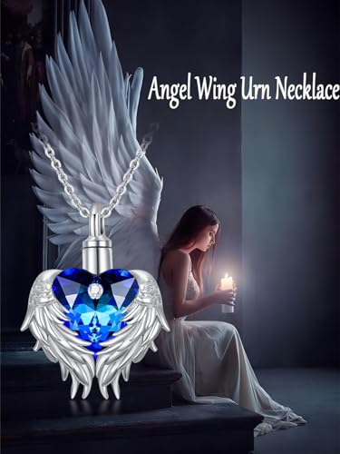 Angel Wing Urn Necklace for Ashes 925 Sterling Silver Amethyst Heart Cremation Necklace w/Funnel Filler Jewelry Gifts for Women