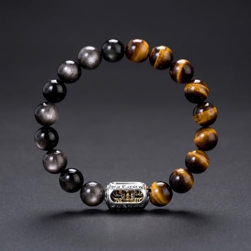 Mens 10mm Natural Tiger Eye & Silver Obsidian Bracelet - Tibetan OM Six-Character Mantra & Vajra Amulet - Healing Crystal Energy Meditation Bead Bracelet with Durable Elastic Cord, 7.9"