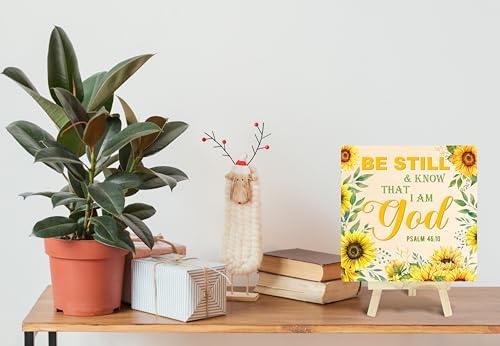 Christian Wood Sign, Be Still And Know That I Am God Bible Verse Gifts For Women, Sunflower Religious Wooden Plaque Desk Decor With Stand, Inspirational Christmas Gifts For Family Friends -10