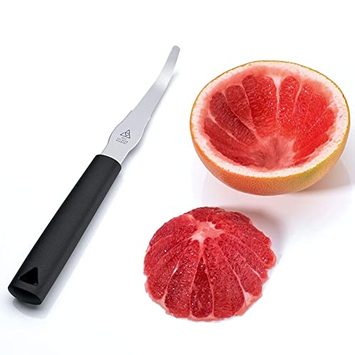 Triangle grapefruit knife with a 4-inch micro-serrated stainless steel blade and green ergonomic handle, dishwasher safe, made in Germany.