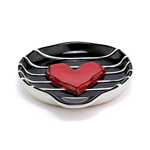 DEMDACO black and red heart-shaped stoneware spoon rest measuring 6 x 4.5 inches, decorative kitchen accessory with a heart design.