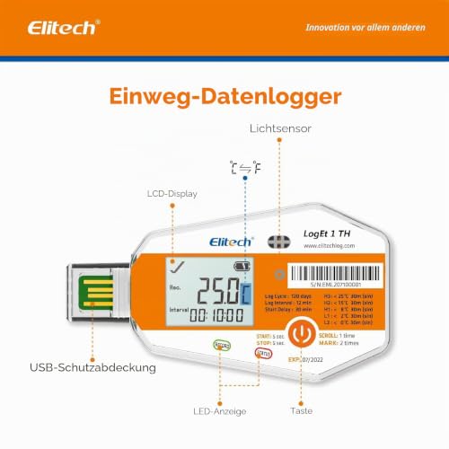 Elitech WHO PQS Certified Temperature Data Logger with Light Sensor (PDF Report/USB) Disposable Temperature Recorder for Vaccine Cold Chains LogEt1 Disposable Temperature Logger Pack of 1