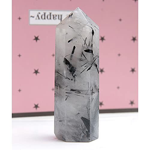 Acxico 1 pcs 7-8cm Natural Tourmaline Black Hair Quartz Crystal Hexagonal Point Wand Healing Reiki
