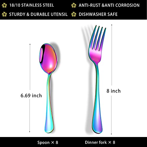 Rainbow Spoons and Forks Set, Set of 16 Top Food Grade Stainless Steel Forks and Spoons Silverware Set, Kitchen Accessories Forks (8 Inch) and Spoons (6.69 Inch) Cutlery Set, Mirror Finish Rainbow