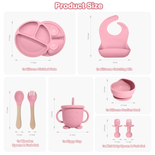 Silicone Baby Feeding Utensils Set for 6+ Months, 8 Pcs, Pink