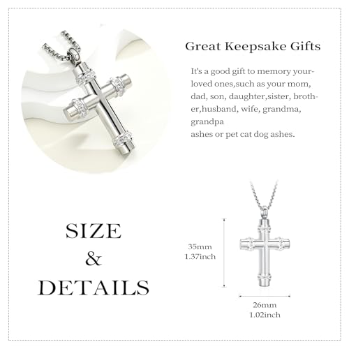 Cross Urn Necklaces for Ashes for Women Men Crystal Cross Cremation Jewelry Memorial Locket Pendant Necklace Keepsake Cross Urn Pendant for Ashes Holder Jewellery Silver