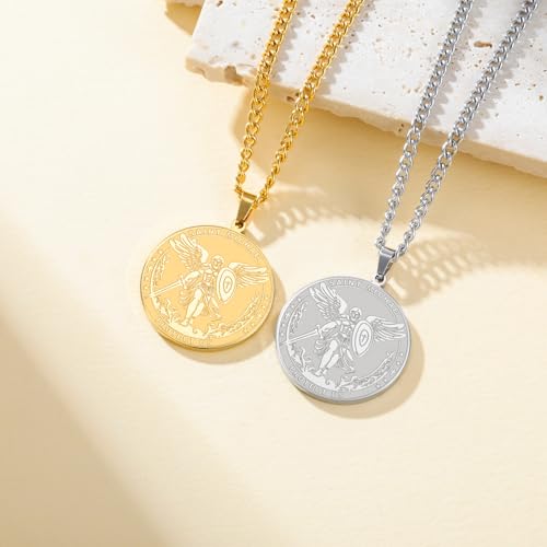 TEAMER Saint Michael Necklace Stainless Steel St. Michael The Great Protector Archangel Amulet Necklace Religious Jewelry For Women Silver