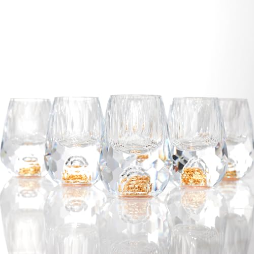 SIYOUKI Crystal Shot Glasses 0.5oz Set,Decorated With 24K Gold Leaf Flakes,Lead-Free,Handmade Set Suitable For MaoTai,Spirits,Drinks Tastin,Gift-Box Packaging (Diamond-6PCS) Diamond-6PCS