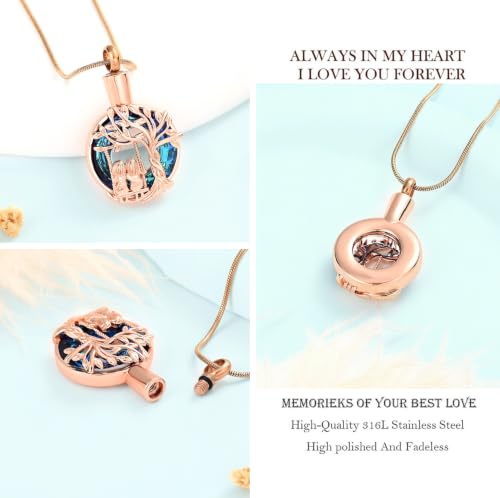 zeqingjw Tree of Life Urn Necklace Circle of Life Cremation Jewelry for Sisters Ashes Keepsake Funeral Memorial Ash Holder for Women Men Rose Gold-Blue