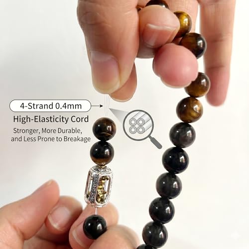 Mens 10mm Natural Tiger Eye & Silver Obsidian Bracelet - Tibetan OM Six-Character Mantra & Vajra Amulet - Healing Crystal Energy Meditation Bead Bracelet with Durable Elastic Cord, 7.9"